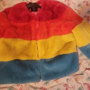 New York & Company Rainbow Striped Colorful Fluffy Faux Fur Coat